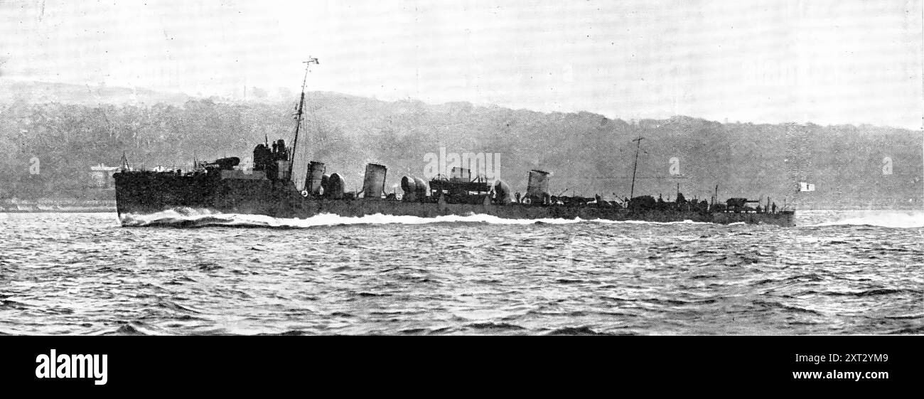 The newest British destroyer: H.M.S. &quot;Nubian&quot;, 1909. 'The new 33-knot destroyer &quot;Nubian&quot; completed her official speed-trials the other day, and has now returned to the yard of Messrs. John I. Thornycroft and Co., at Woolston, Southampton, for completion and commissioning. The contract speed was greatly exceeded during the trials, and it was proved that the consumption of oil fuel at full power was very low. Owing to her increased armament and other details, the &quot;Nubian&quot; displaces about 100 tons more than the first vessel of her kind, built by Messrs. Thornycroft ( Stock Photo