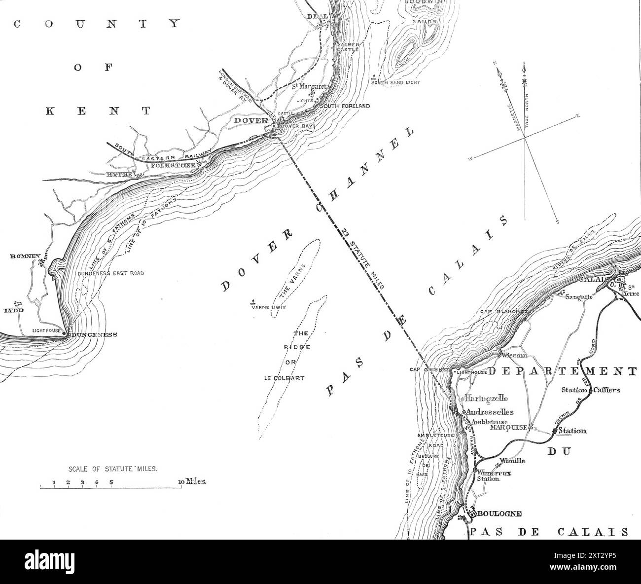 Route of the proposed Channel Railway Ferry, 1870. Map showing '...the proposed harbours at Dover and Andrecelles [sic]...a point...south of Cape Grisnez and north of Ambleteuse, was selected...Connected with the harbour on the French coast will be a short railway...to run up to the Northern (of France) Railway, so as to give continuous communication to France and to Germany...Harbours with proper shelter and with sufficient depth of water to afford ingress and egress at all times (irrespective of weather and tide) being provided, it is comparatively easy to design vessels of such a size and f Stock Photo