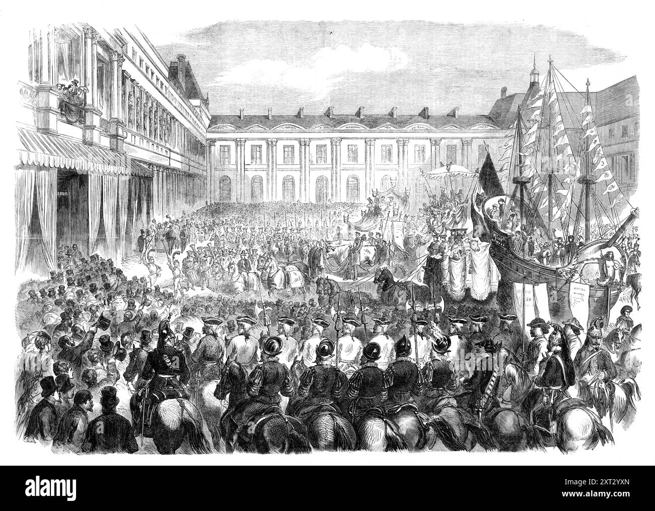 Shrove Tuesday procession of the Fat Ox at the Tuileries, Paris, 1870. 'The letter of our Paris Correspondent last week gave a pretty full account of the annual festive procession of the Boeuf Gras, which took place on the Sunday, Monday, and Tuesday, being a sort of Carnival before Lent. The four prize oxen - named Le Tremblaye, Le Normand, Port Said, and Amurath IV. - conveyed through the streets, with the sacrificial Roman augurs, upon low cars hung with drapery, flags, and evergreens, were on this occasion accompanied not only by the triumphal car of Clodoche and the usual masqueraders, bu Stock Photo