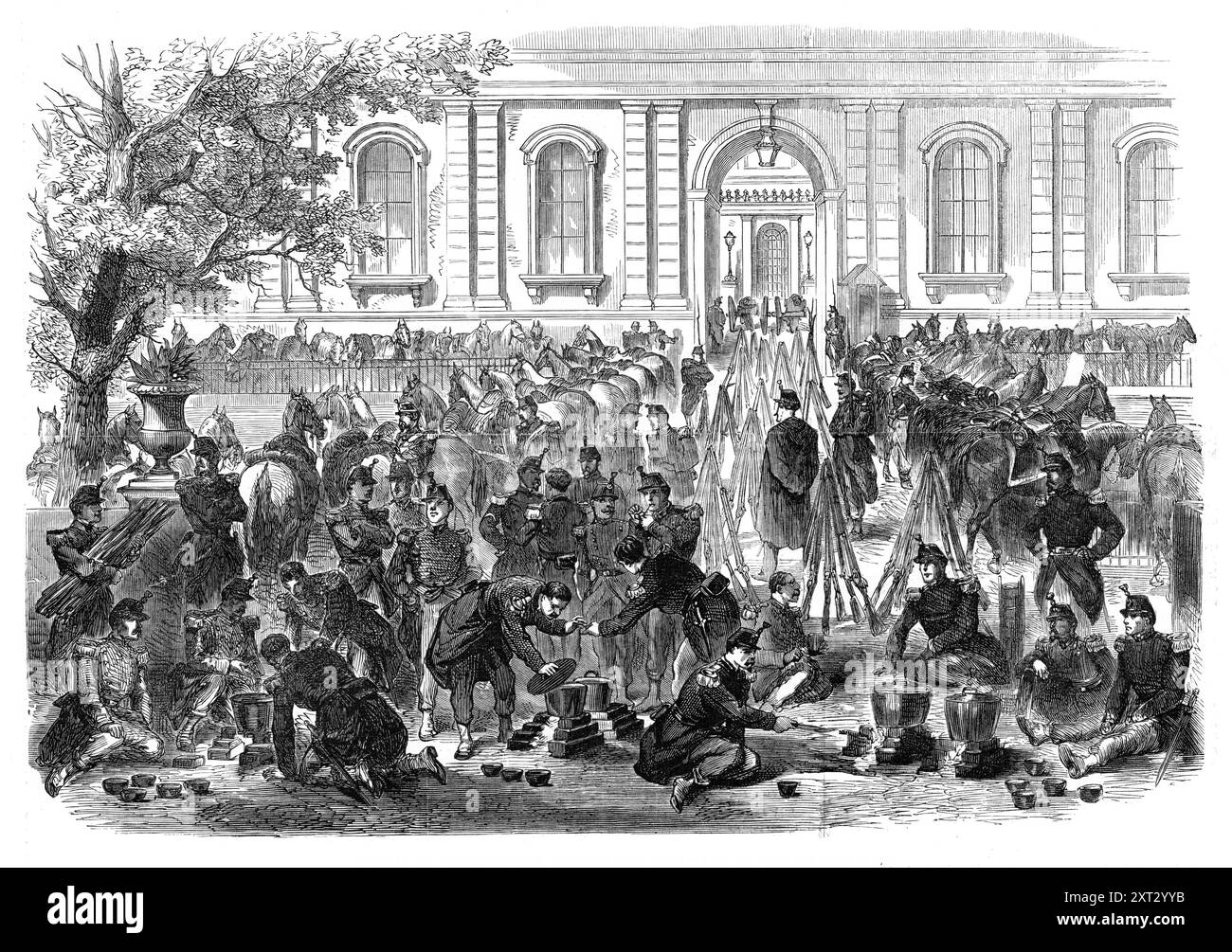 The Disturbances in Paris: bivouac of troops in the gardens and courtyard of the Luxembourg, 1870. 'Paris during the vote on the pl&#xe9;biscite was literally crowded with troops, the French Government having taken every precaution to suppress any kind of disturbances that might occur during the voting...The Engraving shows the bivouac in the public gardens of the palace. In the foreground are the soldiers preparing the evening repast in the midst of the artillery horses which are fastened to the railings. The cannons and rifles were placed in the courtyard of the palace, which is seen through Stock Photo