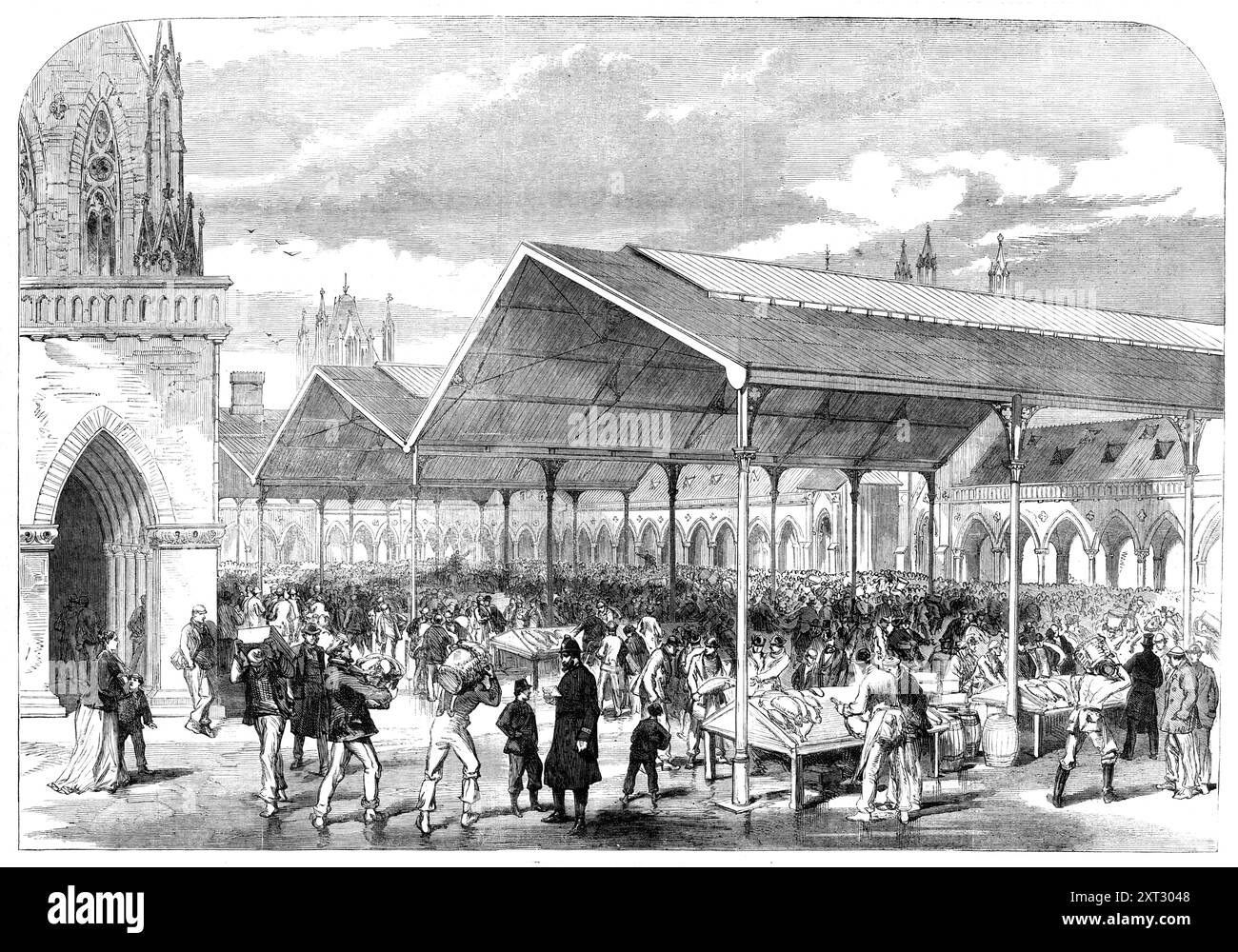 Opening of Columbia Fish Market Bethnal-Green, [London], 1870. The 'magnificent buildings' of Columbia Market were erected by Angela Burdett Coutts at a cost of &#xa3;150,000 'for the domestic and social comfort of the poor population...That experiment has proved an entire failure; and it was therefore resolved...to convert the place into a wholesale fish market, auxiliary to that of Billingsgate, with a view especially to the supply of fish brought from the eastern counties by railway. The large square courtyard, inclosed by the arcades of shops and the market-hall, has been roofed with corru Stock Photo