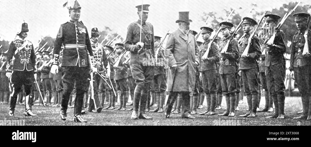 At The School That Has Left A Deep Mark On Great Britain, The Empire, And The World: The King at Rugby School - officers' training corps, 1909. 'Royal Interest In The Officers' Training Corps Of Rugby School: His Majesty [King Edward VII] Inspecting The Three Companies. The King...declared open the new Speech Room, commanded an addition to the boys' &quot;hard-earned holidays,&quot; presented prizes. planted a young oak tree in the Close, and inspected the members of the Officers' Training Corps of the school. In the course of his reply to the address read by the head of the school, H. J. B. C Stock Photo