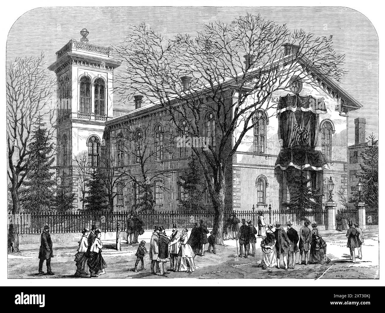 The Peabody Institute, Peabody, Massachusetts, 1870. Engraving from a photograph by Mr. J. W. Black. 'After lying in state one day at the Portland City Hall, the coffin was removed for conveyance to the little town or village of Peabody, in Massachusetts, where it was to be finally deposited in the family vault...The coffin was borne in procession to the Eastern Railway station, and conveyed by special train to Peabody or South Danvers, near Salem, fifteen miles north of Boston. In that village, which is the birthplace of George Peabody, and has taken his name, stands the Peabody Institute, fo Stock Photo