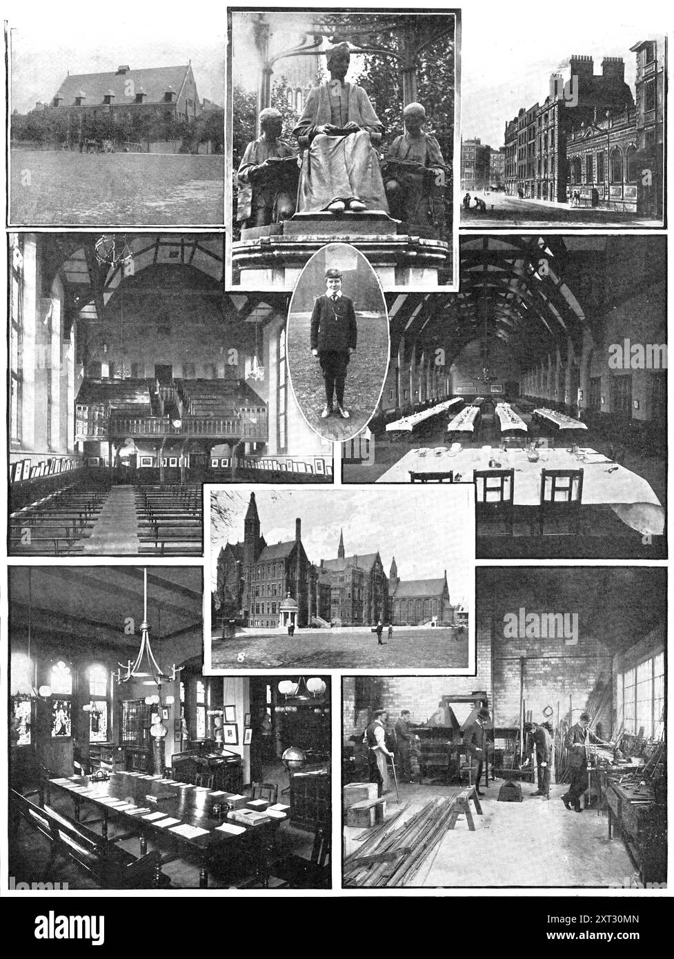 The School That Commemorates The Fish Of The Miraculous Draught. The Fourth Centenary Of St. Paul's School, [London], 1909. '1. Erected In Commemoration Of The Fourth Centenary Of The School, The New Science The Buildings. 2. In Memory Of The Founder, The Statue of John Colet, Dean Of St. Paul's, In The Grounds. 3. The Original St. Paul's School, The Building Provided For The Use Of The Scholars Who Numbered As Many As The Fishes Of The Miraculous Draught. 4. The Lecture Hall. 5. Wearing The Silver Fish That Recalls A Condition Of The Foundation: A Foundation Scholar. 6. The Dining Room. 7. Th Stock Photo