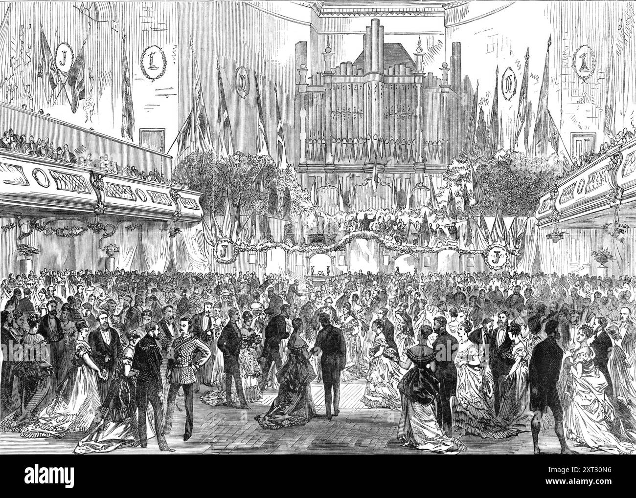 The Mayor's Ball at Nottingham, 1870. 'The public-spirited Mayor of Nottingham, Mr. Oldknow, gave a magnificent ball, on Thursday week, in the lecture-hall of the Mechanics' Institution, to more than five hundred of the upper class inhabitants of that city and its neighbourhood. The hall was tastefully decorated for the occasion by Messrs. Marshall, of Nottingham, and converted into a beautiful dancing-saloon...Ornamental devices in holly, ivy, and laurel, with white and red roses, were placed between the upper windows, presenting alternately a circle and a star, with J. O., the initials of th Stock Photo