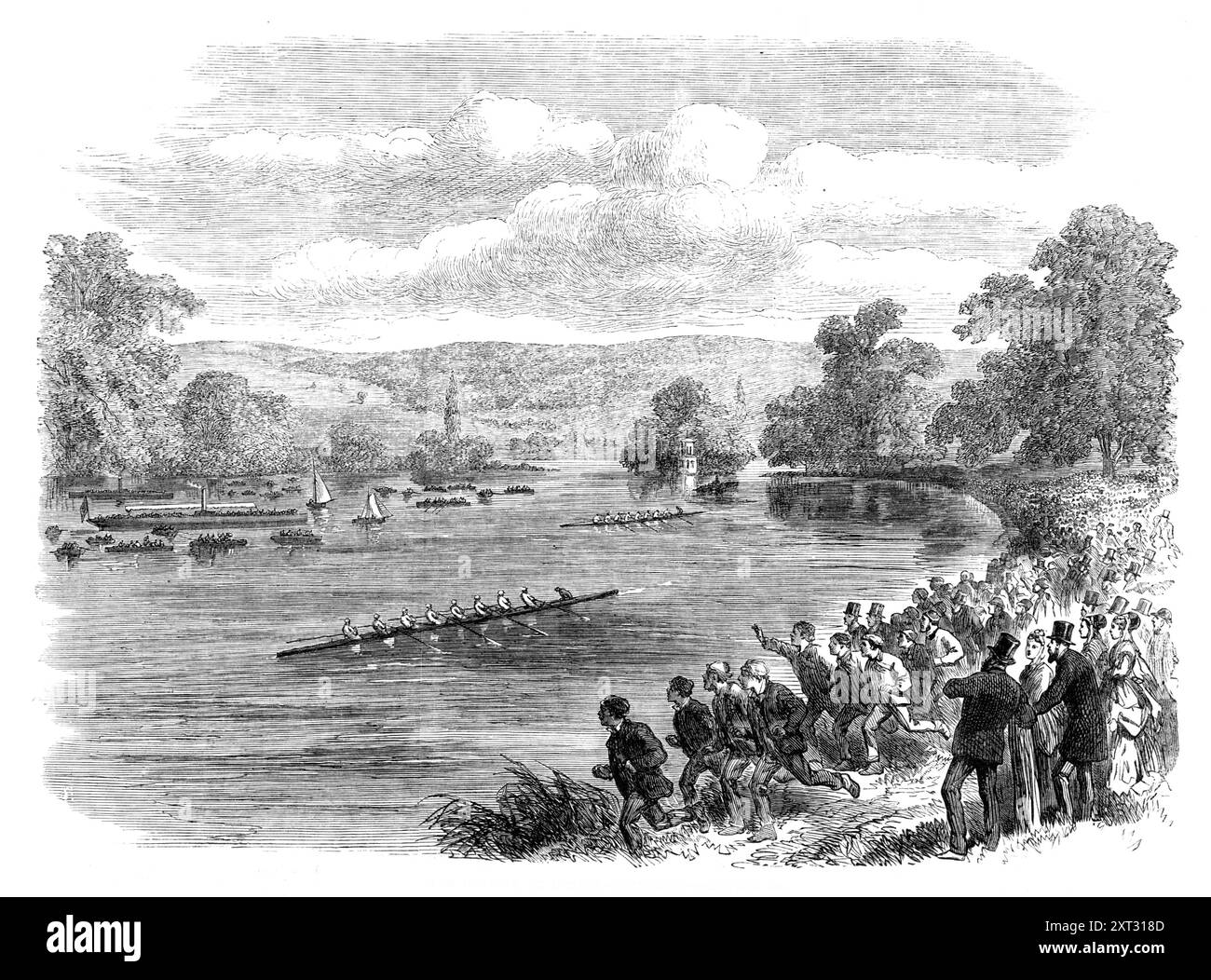 The Regatta at Henley-on-Thames, [Oxfordshire], 1869. 'The two days' aquatic amusements at the Henley Royal Regatta, on Wednesday and Thursday last week, seem to have been rather dull. The weather on the first day, though it brightened in the afternoon before the racing begun, had threatened so much in the morning as to diminish the attendance of spectators. There were many in carriages upon the bridge, but the stand was not fully occupied, nor was the river-side path as crowded as on former occasions. No steam-boats were this year allowed on the river, except the one which conveyed Mr. Morris Stock Photo