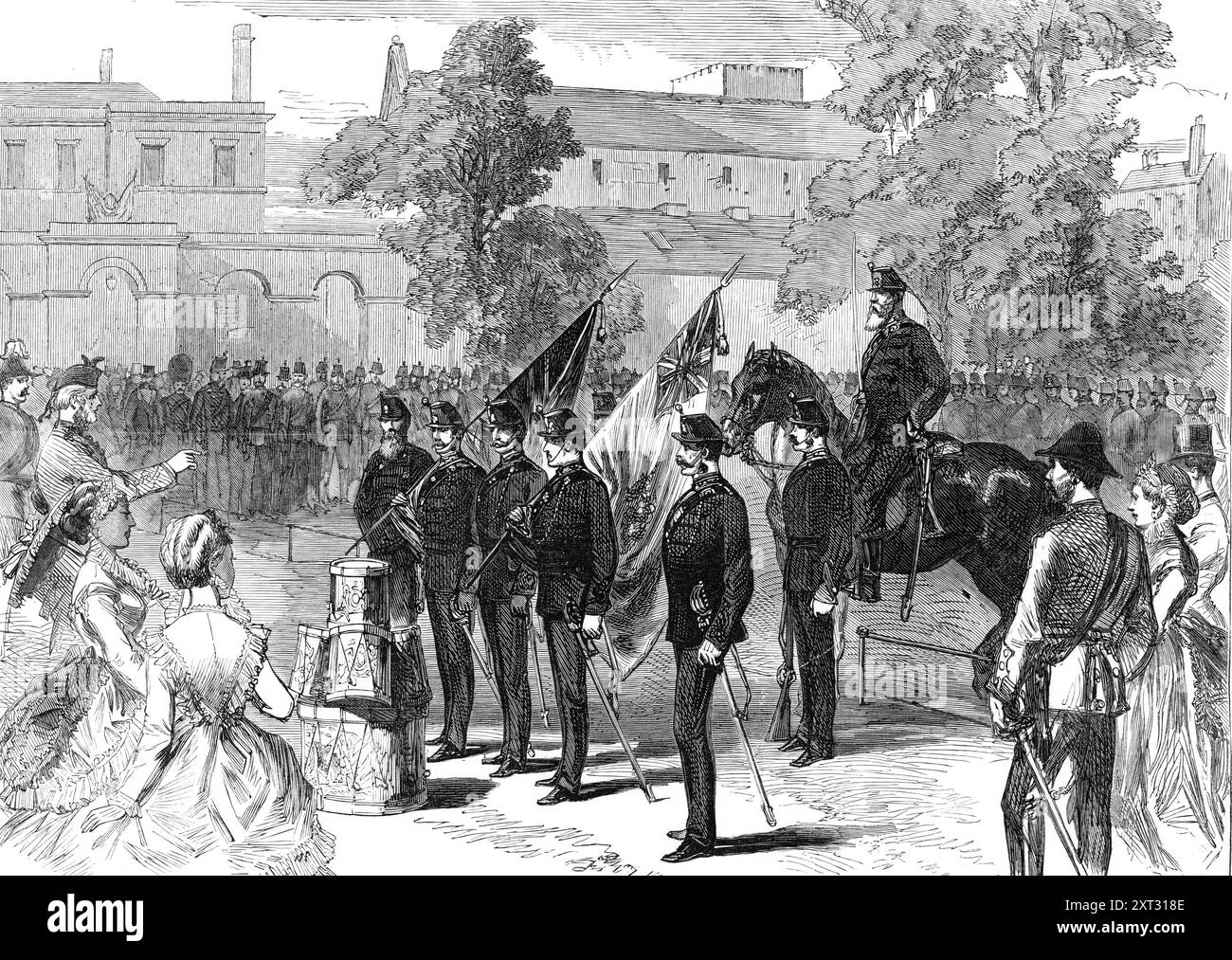 Presentation of Colours to the St. George's Volunteers, 1870. 'The old colours belonging to the volunteer corps of St. George's parish, Westminster, from 1795 to 1803, under the command of the Earl of Chesterfield, grandfather to the present Earl, were lately found in a lumber-room of Chesterfield House, Mayfair...Lord Chesterfield has given them, with great propriety, to the existing St. George's Rifle Volunteer Corps, under the command of Colonel the Hon. C. H. Lindsay...On Saturday evening they were formally presented by Lord Elcho...in the grounds of the Duke of York's Royal Military Schoo Stock Photo