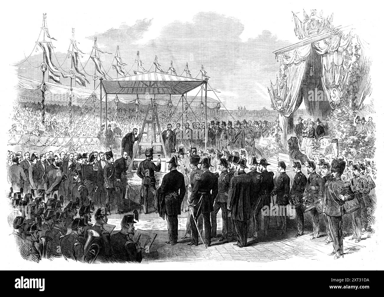 The King of Holland laying the foundation-stone of the Amsterdam ship-canal locks, 1870. 'It will be remembered that the Number of this Journal for Nov. 20 contained a description of the great canal for seagoing ships which is still under construction between the city of Amsterdam and the German Ocean [North Sea]...The memorial-stone, of the dam and lock at Schellingwoude'...towards the Zuider Zee, was publicly laid by the King of Holland, on the 29th April...His Majesty William III. was received by Mr. Jitta, the president, and the directors of the Amsterdam Canal Company...with Messrs. Hawks Stock Photo