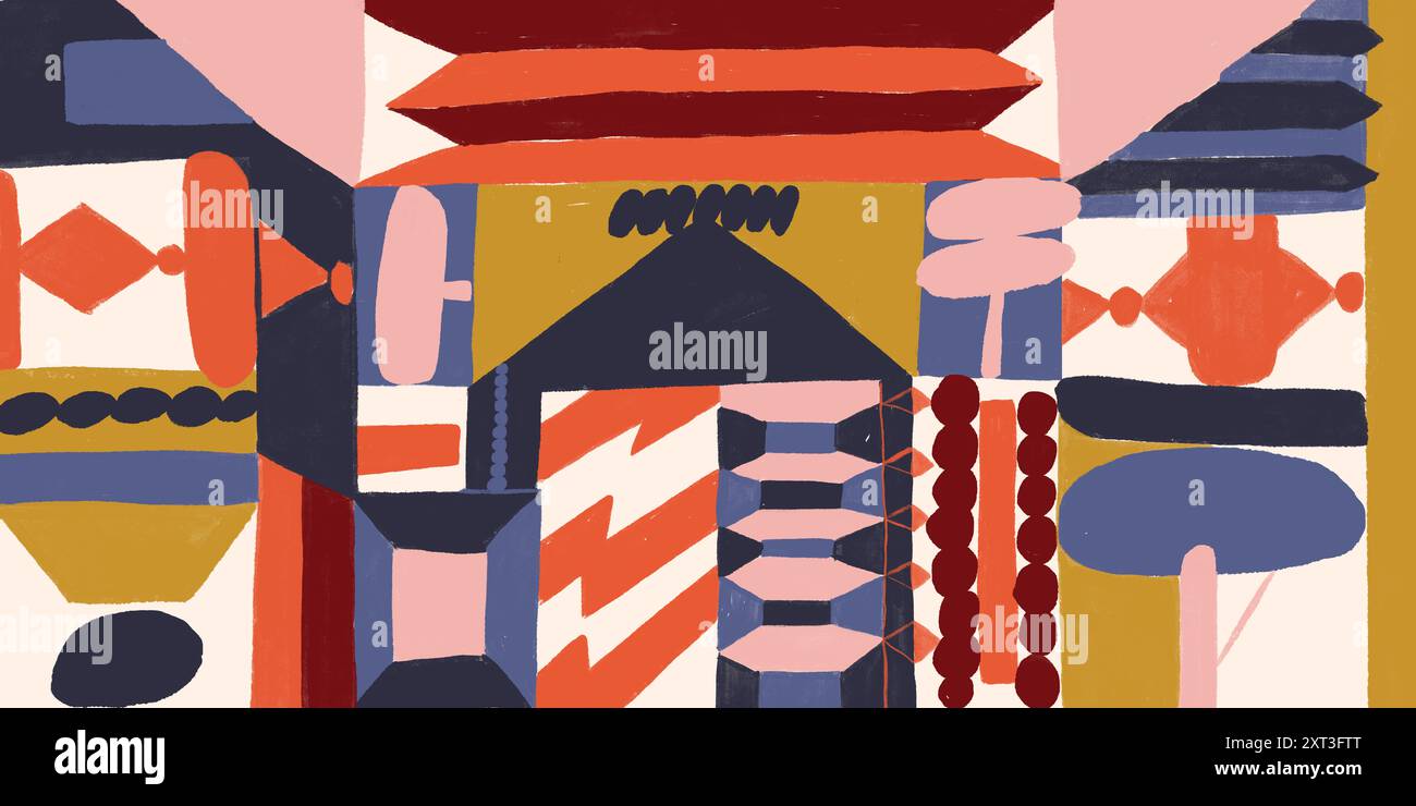 This illustration showcases a vivid, geometric abstract design ...