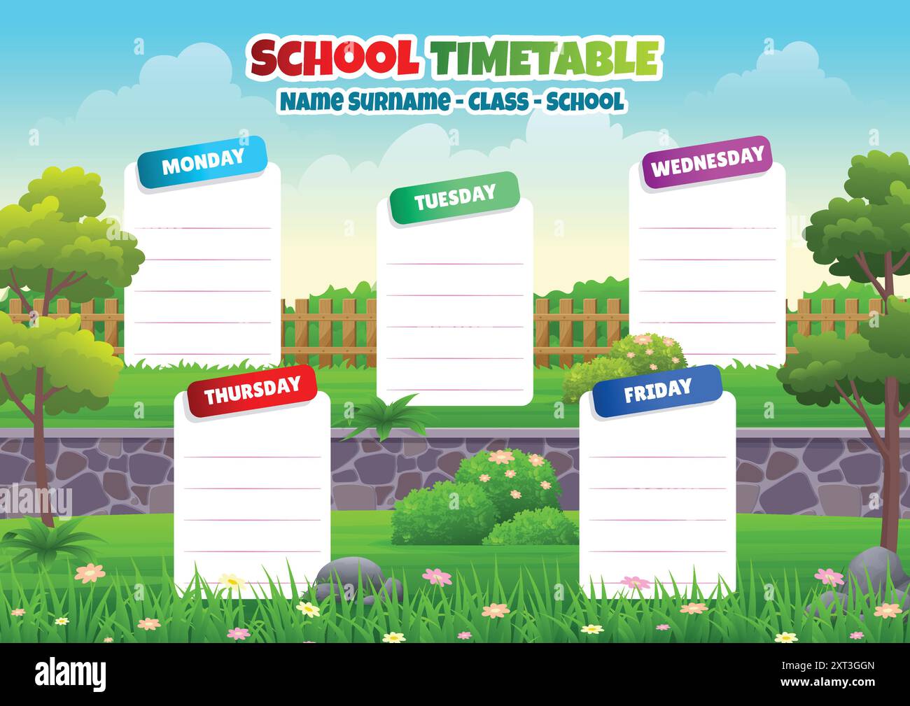Lesson Schedule template with beautiful cartoon natural scenery background Stock Vector