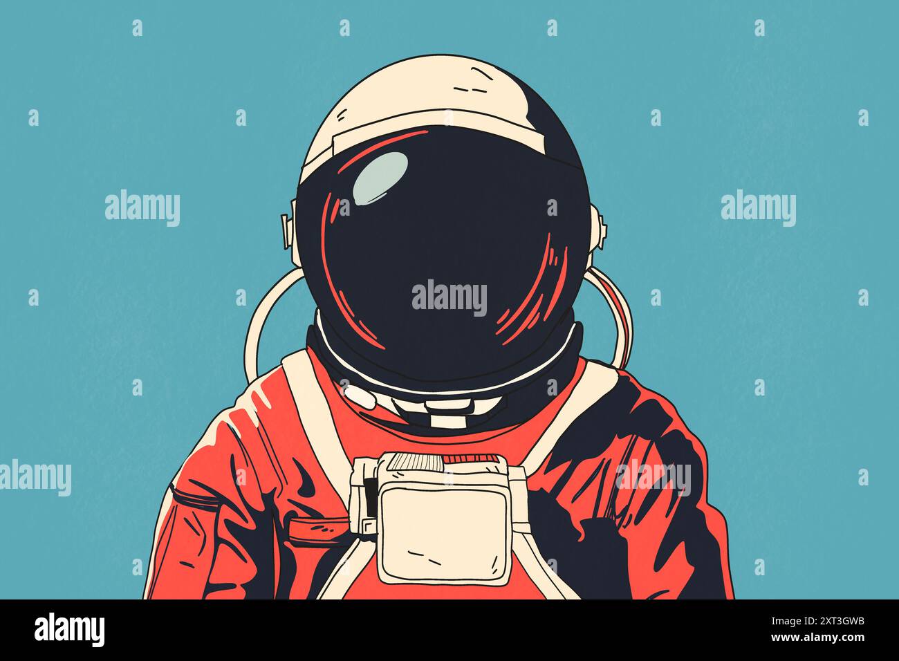 Stylized retro astronaut with a reflective helmet visor stands against ...