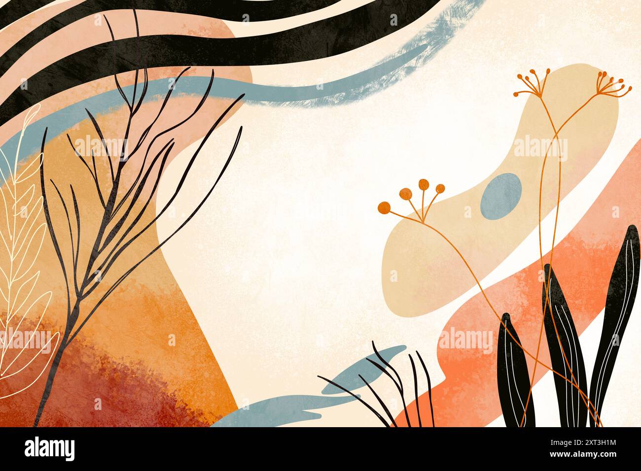 Abstract botanical illustration with stylized plants and organic shapes ...