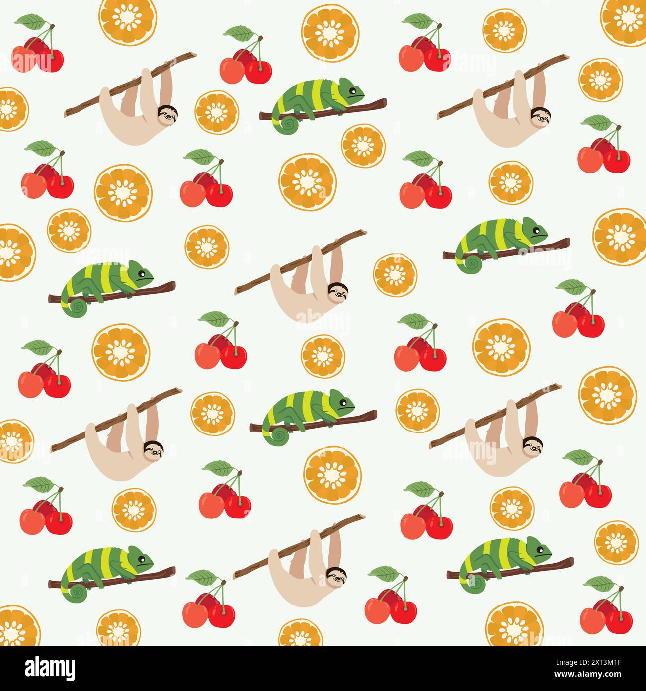 cute sloth, chameleon with fruit as a pattern background Stock Vector