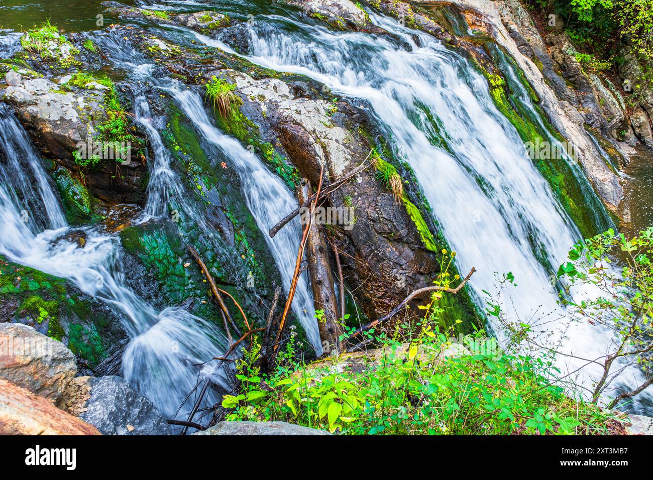 Top view of Kelley Falls as it slides downslope into Paint Creek in the Cherokee National Forest in Greene County Tennessee Stock Photo