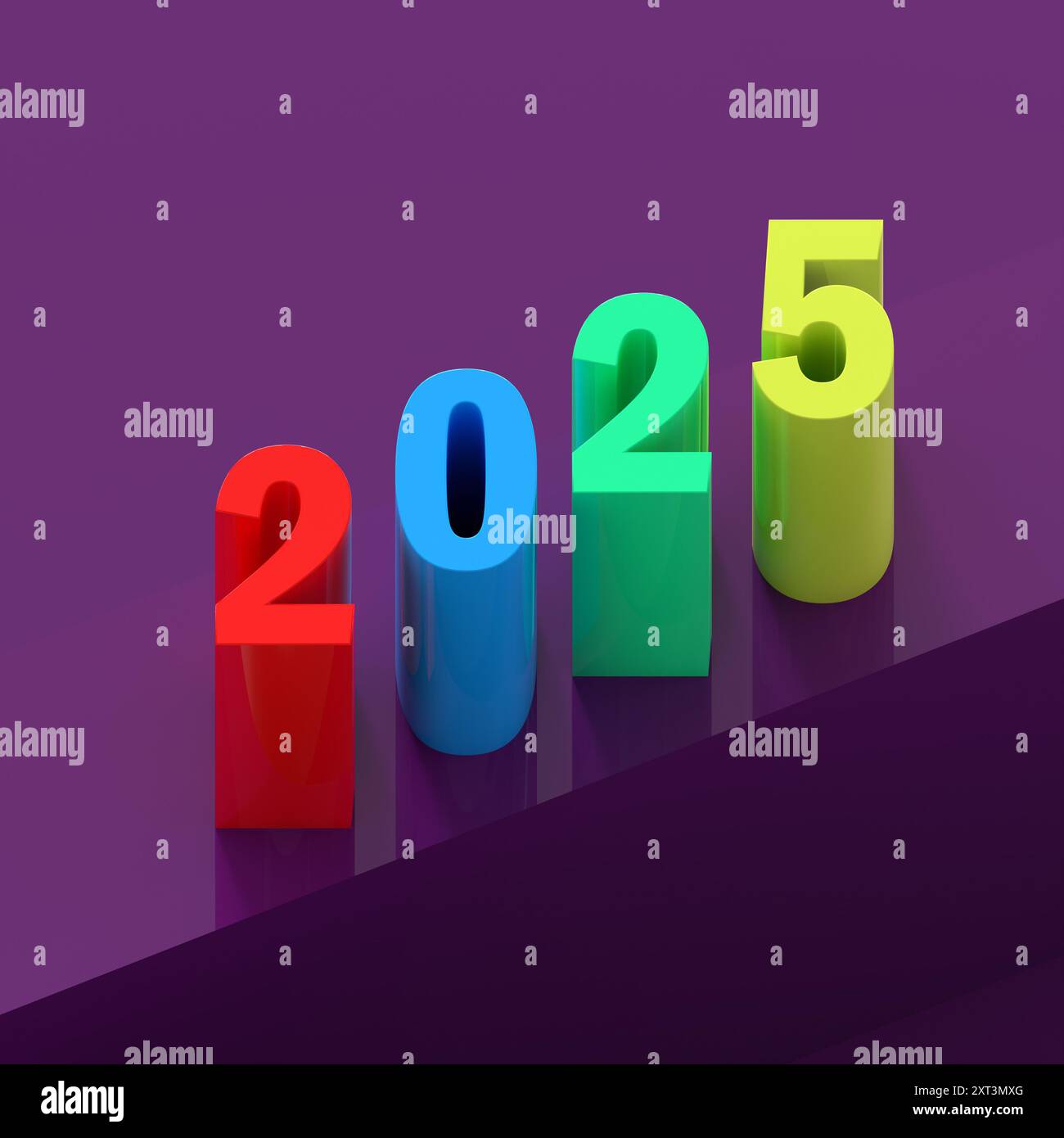 The colorful digits 2025 on a purple background. Orthograpic 