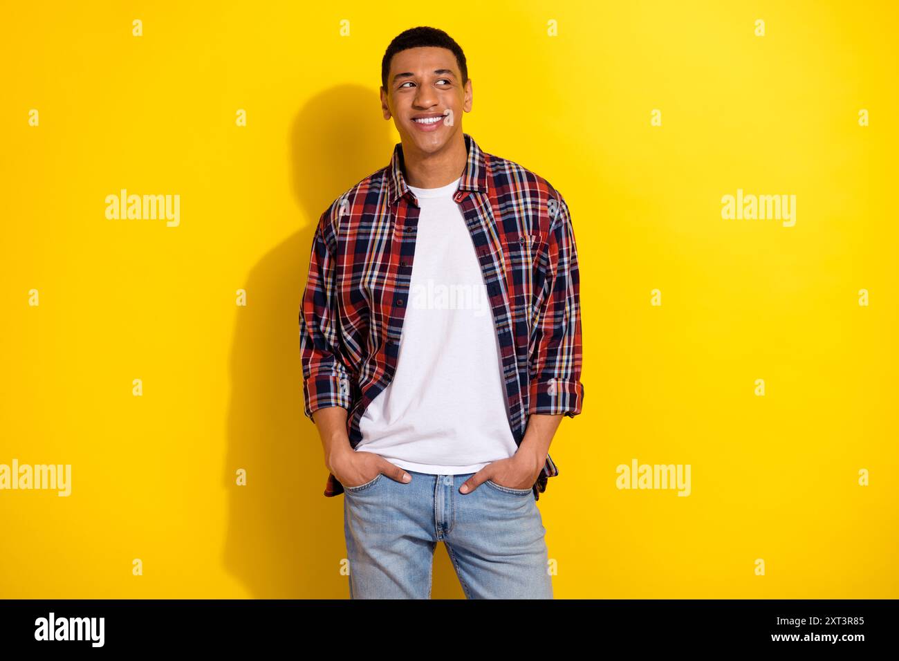 Photo of nice young man look empty space think wear shirt isolated on ...