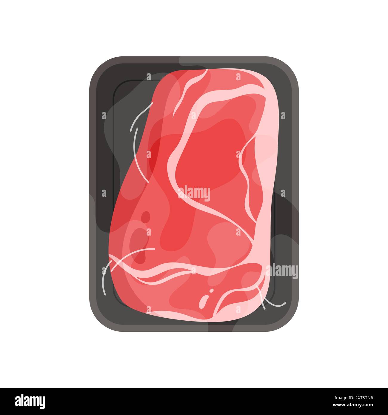 Plastic tray with meat fillet, top view of black container wrapped in transparent film vector illustration Stock Vector