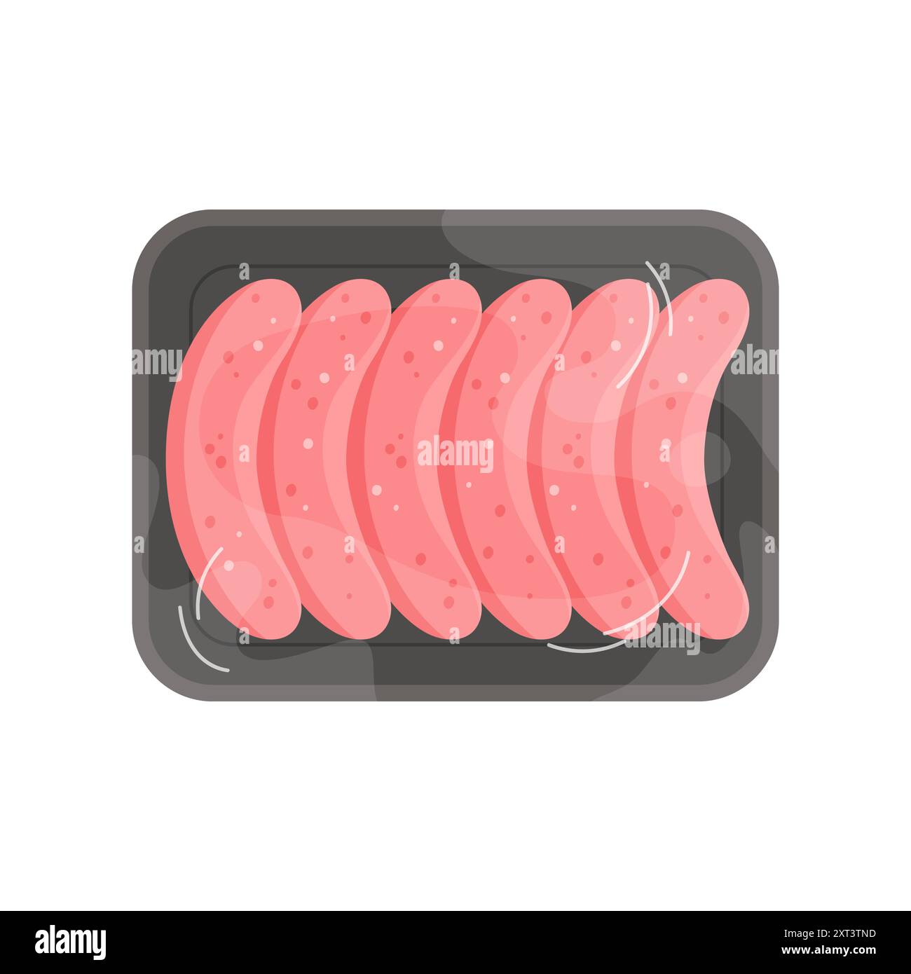 Plastic tray with meat sausages, top view of black container wrapped in transparent film vector illustration Stock Vector