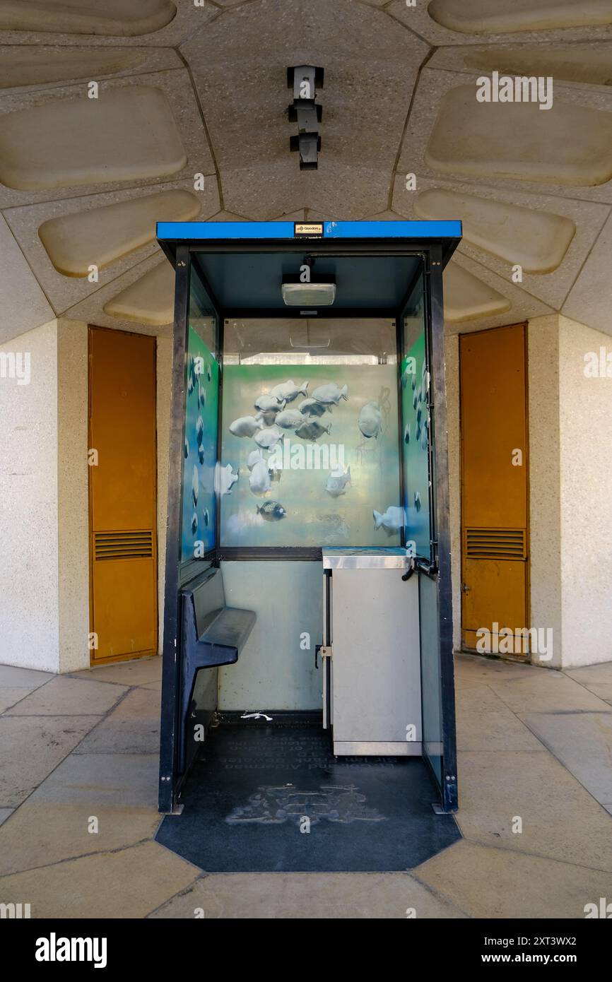 London, UK, 13th August, 2024. The police sentry box featuring a piranha artwork by Banksy has temporarily been moved to Guildhall Yard for safety reasons, whilst a permanent home for it is decided. Pieces by the elusive artist have previously been defaced or stolen. Credit: Eleventh Hour Photography/Alamy Live News Stock Photo