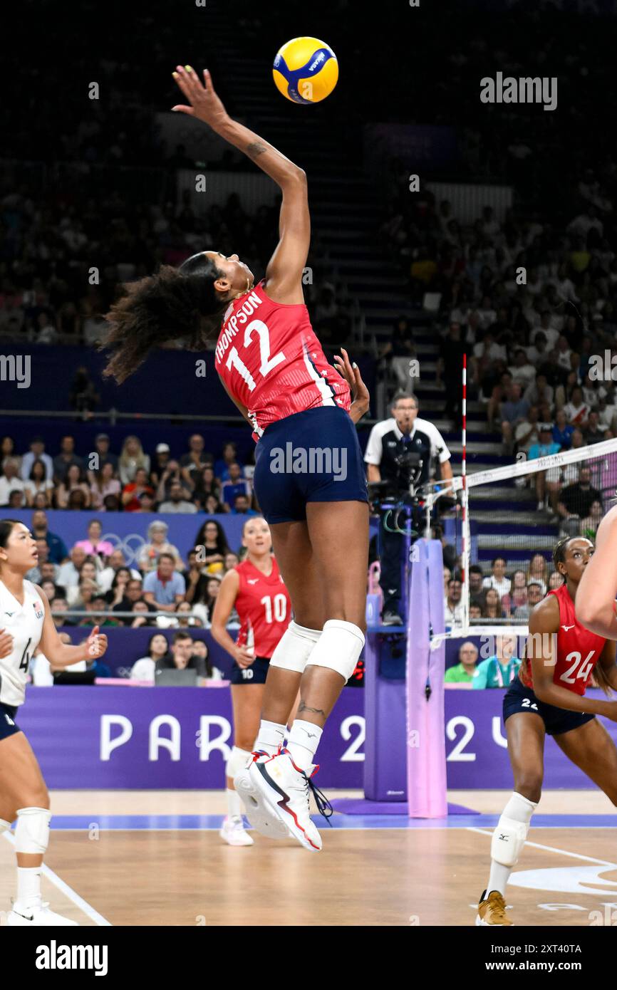 Jordan Thompson of United States of America in action during the Volleyball gold medal match between United States of America and Italy of the Paris 2024 Olympic Games at Arena Paris Sud 1 in Paris (France), August 11, 2024. Italy defeated United States 3-0 and won the gold medal. Stock Photo