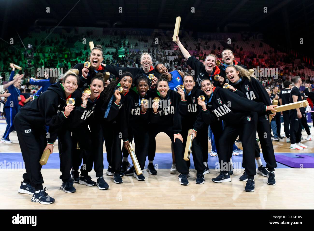 Italian players celebrate at the end of the Volleyball gold medal match between United States of America and Italy of the Paris 2024 Olympic Games at Arena Paris Sud 1 in Paris (France), August 11, 2024. Italy defeated United States 3-0 and won the gold medal. Stock Photo