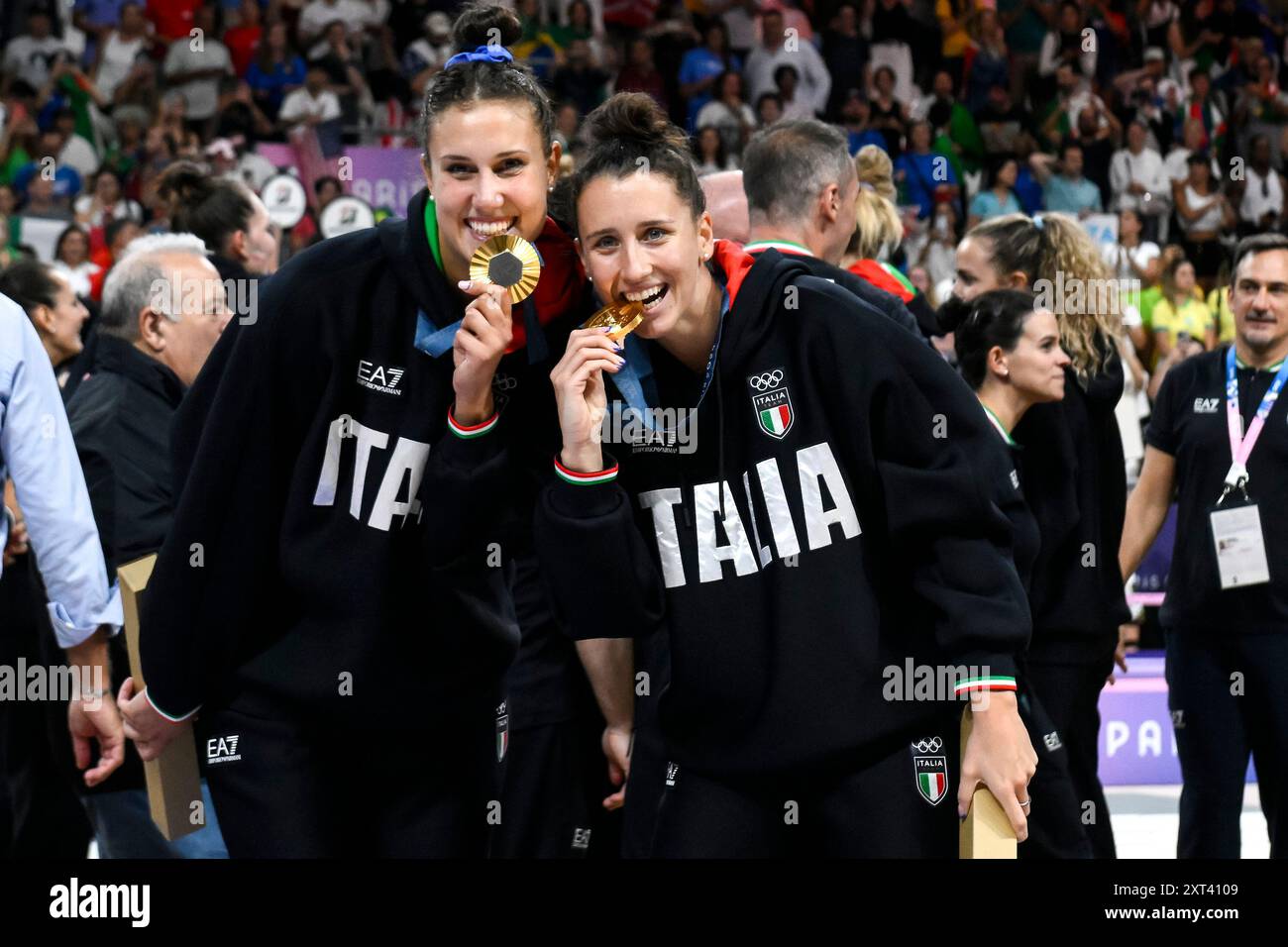 Anna Danesi and Carlotta Cambi of Italy celebrate at the end of the Volleyball gold medal match between United States of America and Italy of the Paris 2024 Olympic Games at Arena Paris Sud 1 in Paris (France), August 11, 2024. Italy defeated United States 3-0 and won the gold medal. Stock Photo