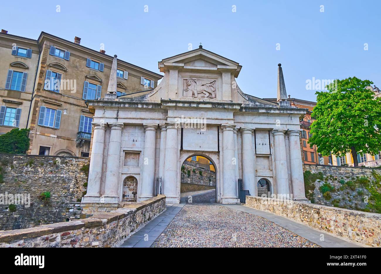 The medieval sculptured San Giacomo Gate with Winged Lion of St Mark ...