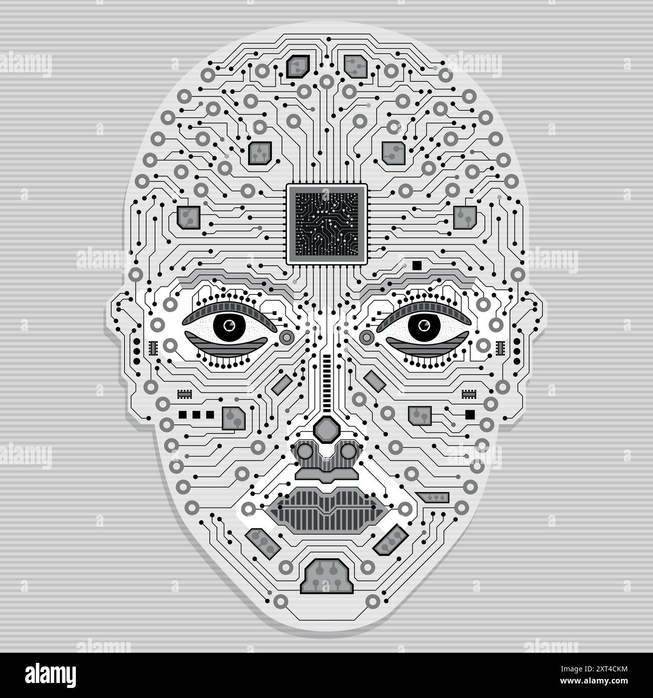 Artificial intelligence concept. Human face made of circuits with a microchip in the forehead in black color. Vector image Stock Vector
