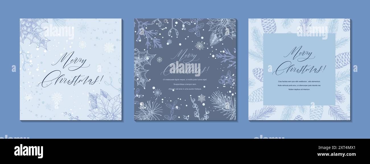 Set of Merry Christmas and Happy New year blue square greeting cards ...