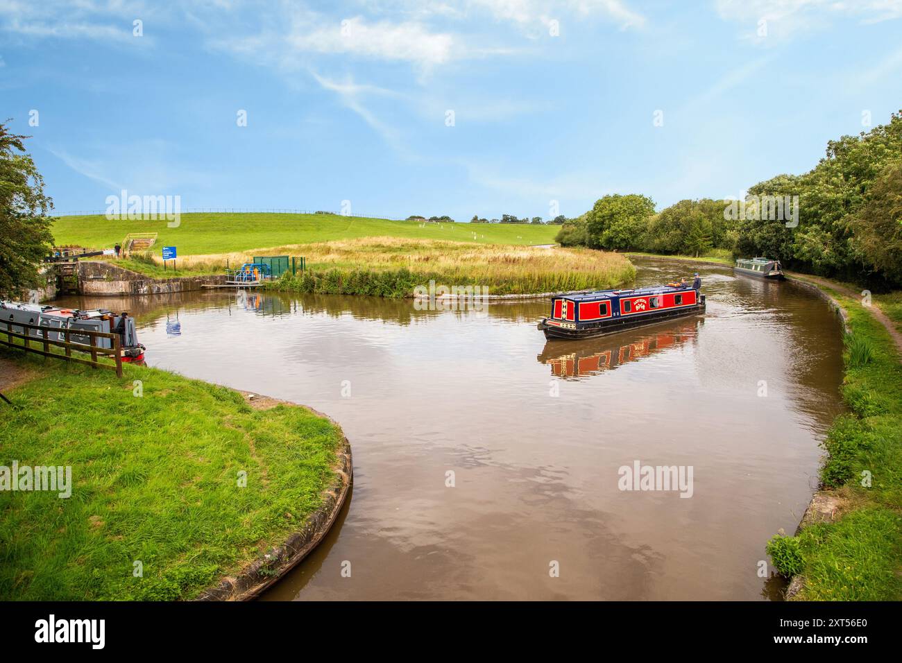 Canal narrowboat about to leave the Shropshire union canal at Hurleston junction near Nantwich Cheshire to join the Llangollen canal Stock Photo