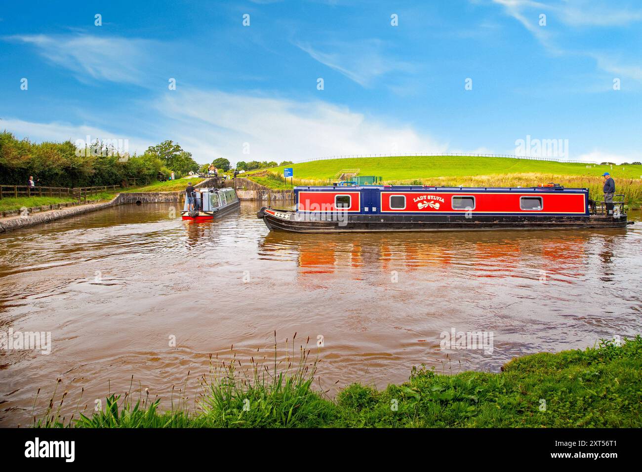 Canal narrowboat about to leave the Shropshire union canal at Hurleston junction near Nantwich Cheshire to join the Llangollen canal Stock Photo