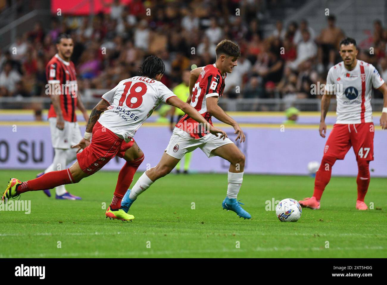 #30 Mattia Liberali of Milan in action during 2Â° Trofeo Silvio Berlusconi - Ac Milan-Ac Monza - Stadio San Siro during Berlusconi Trophy - AC Milan vs AC Monza, Friendly football match in Milan, Italy, August 13 2024 Stock Photo