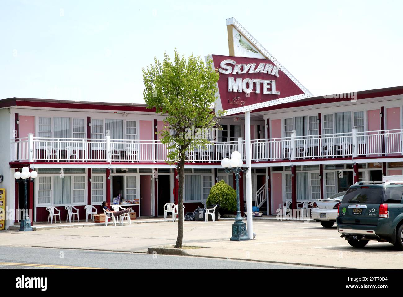 Wildwood hotel features iconic 1950's doo-wop resort architecture, with bold angles, bright colors of art deco retro design. Stock Photo