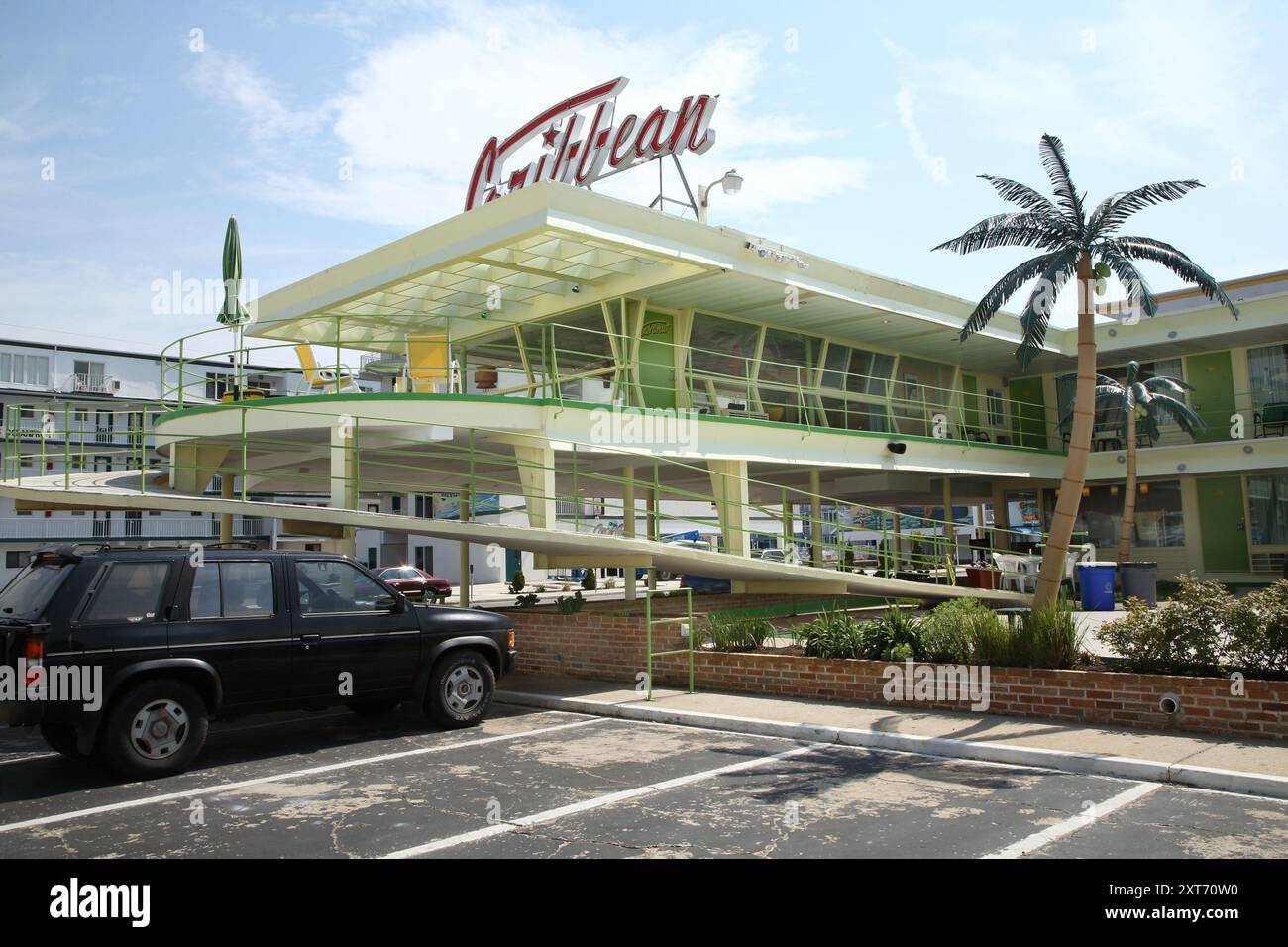 Wildwood hotel features iconic 1950's doo-wop resort architecture, with sweeping curves, bright colors of art deco retro design. Stock Photo