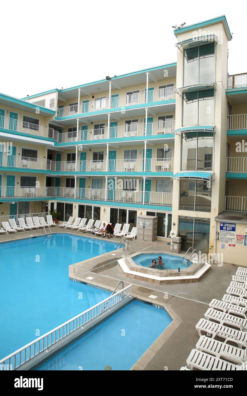 Wildwood hotel features iconic 1950's doo-wop resort architecture, with bold angles, bright colors of art deco retro design. Stock Photo