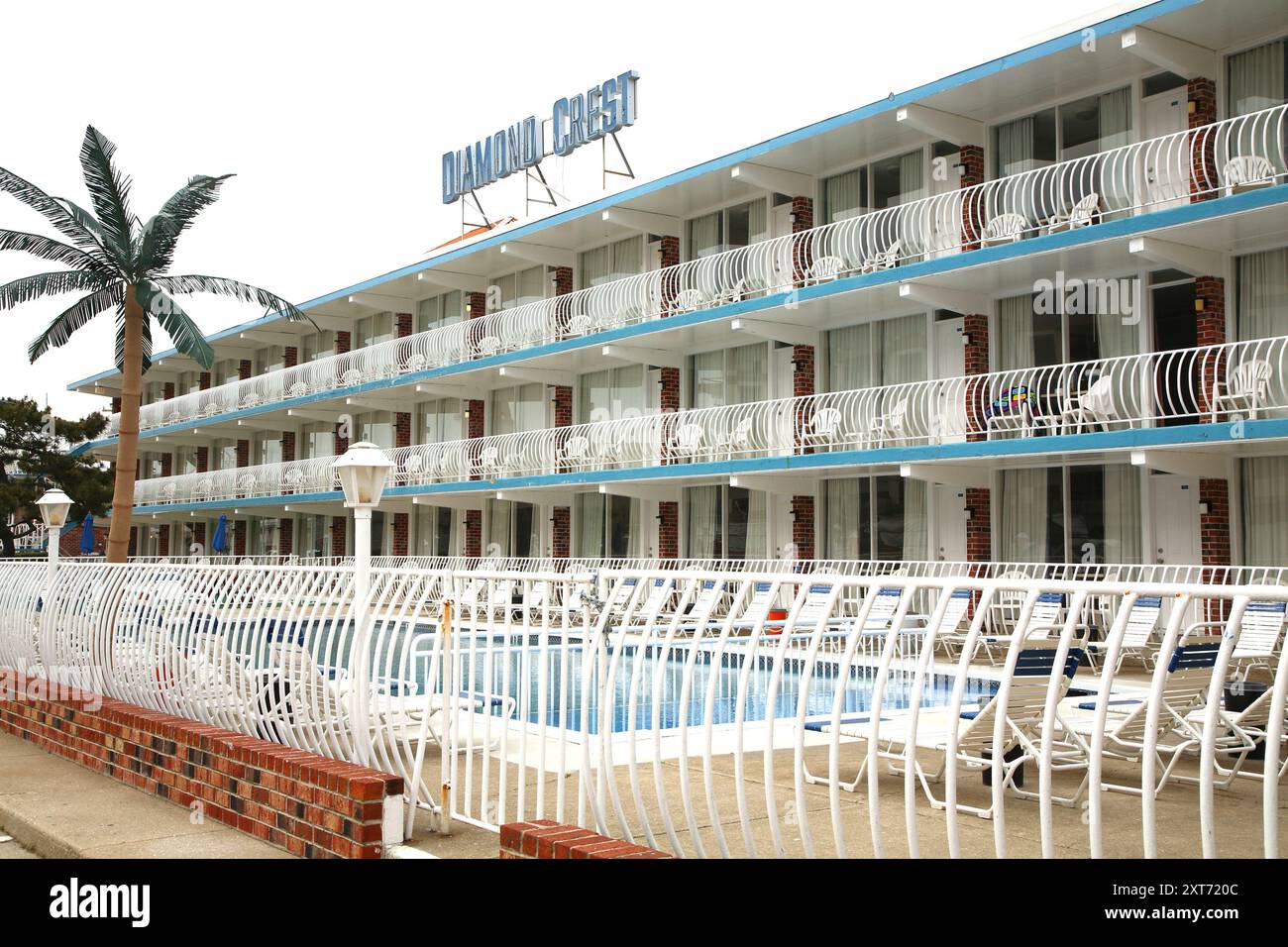 Wildwood hotel features iconic 1950's doo-wop resort architecture, with sweeping curves, bright colors of art deco retro design. Stock Photo