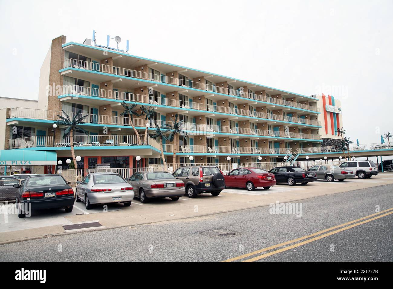 Wildwood hotel features iconic 1950's doo-wop resort architecture, with bold angles, bright colors of art deco retro design. Stock Photo
