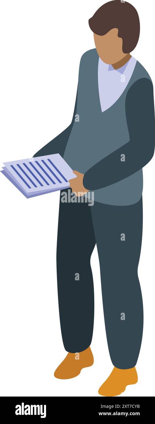 Office worker standing and holding documents in his hands Stock Vector