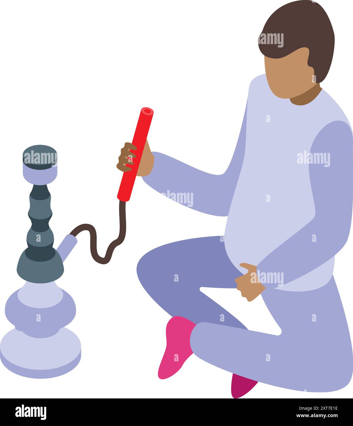 Young man sitting cross legged is preparing a hookah pipe Stock Vector