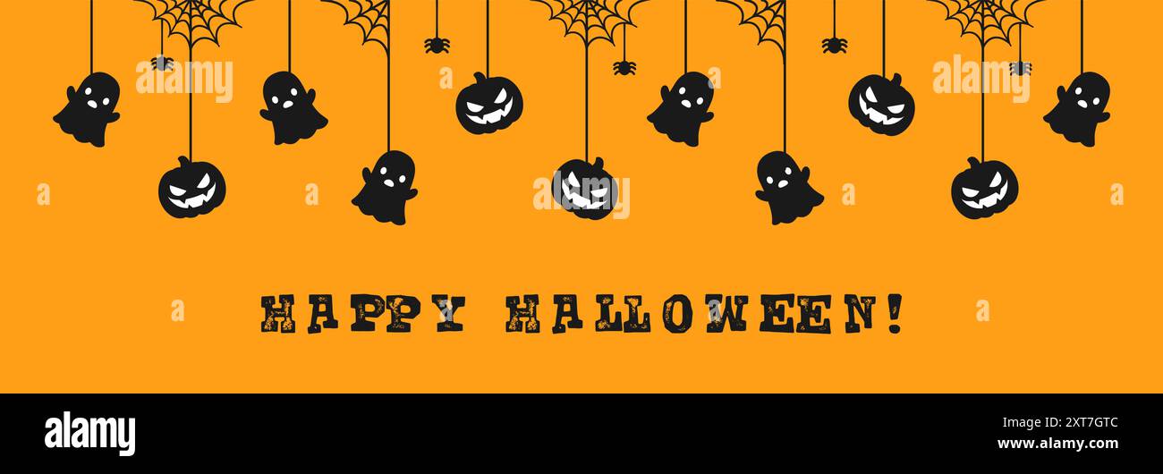 Happy Halloween banner or border with ghost and jack o lantern pumpkins ...