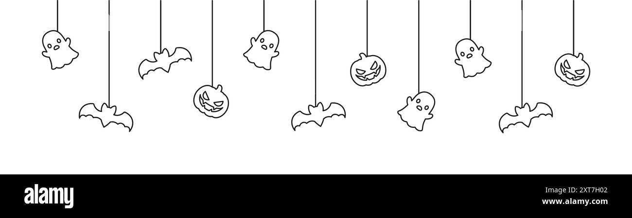 Happy Halloween banner or border with bats, ghost and jack o lantern ...