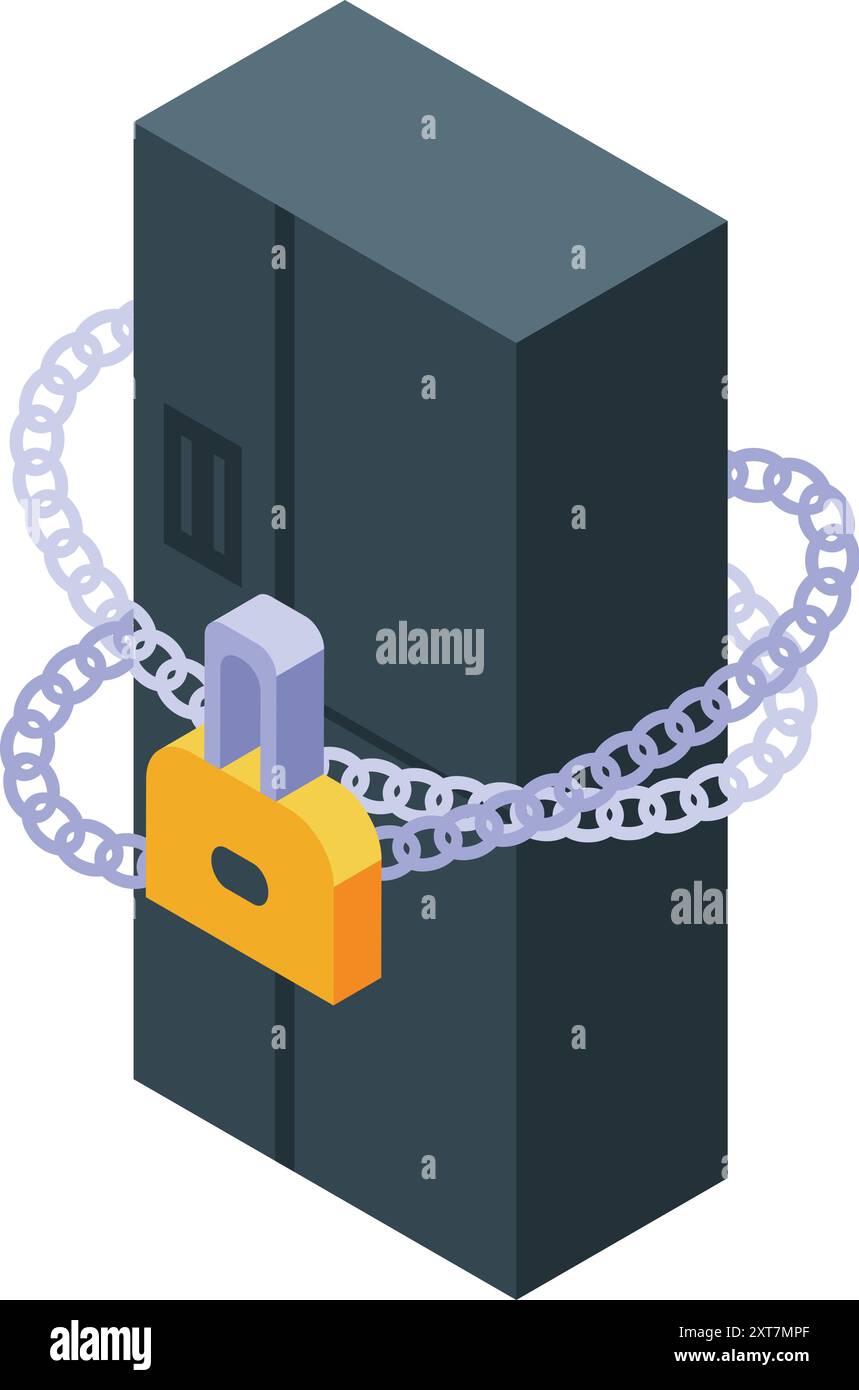 Server is being protected with a chain and lock, representing data security and protection Stock Vector