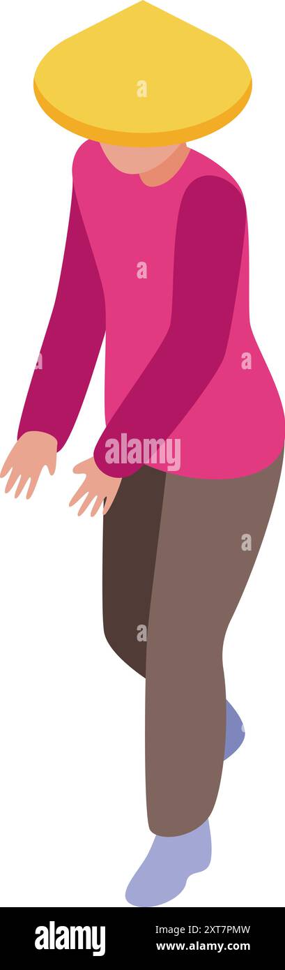 Isometric icon of a farmer walking and wearing a traditional asian ...