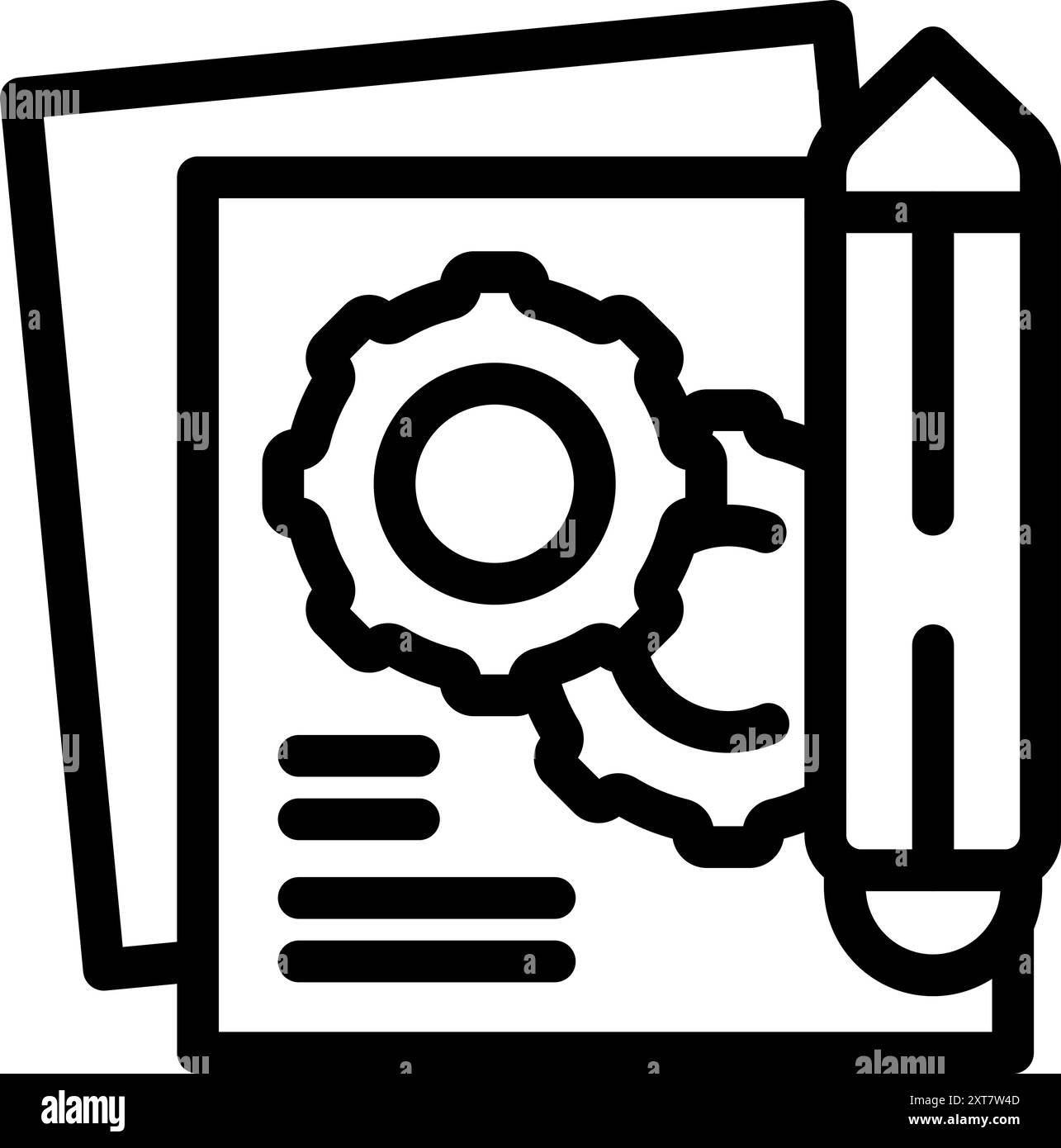 Line art icon of gears and a pencil on a paper, representing the ...
