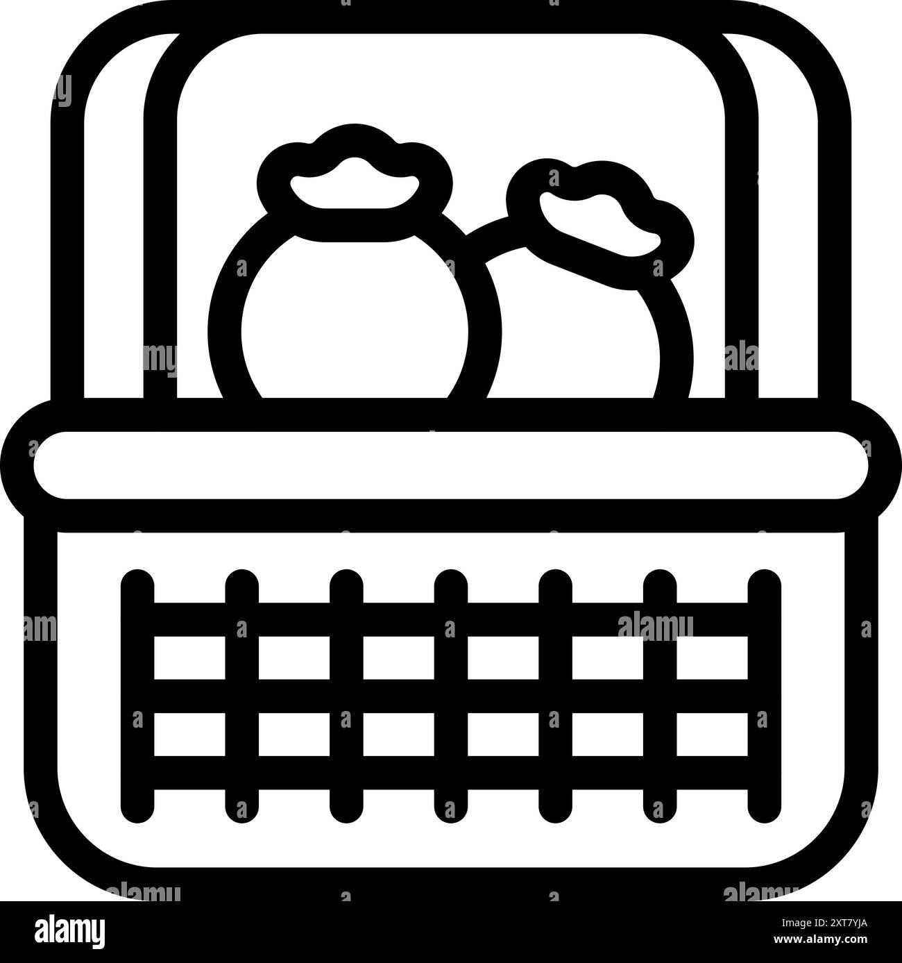 Line art icon of a wicker basket holding freshly picked blueberries ...