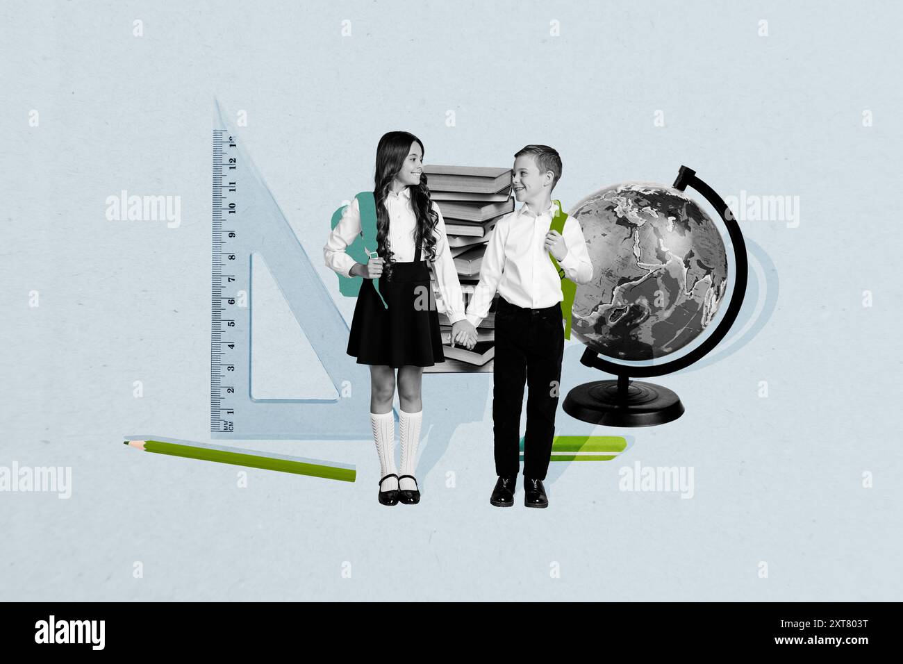 Composite photo collage of two happy classmates girl guy geography ...