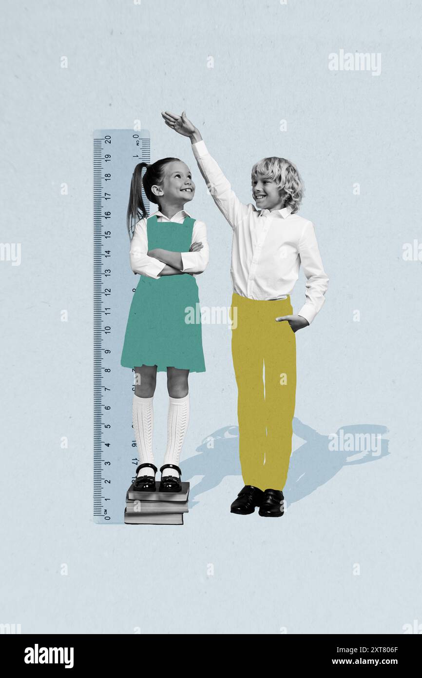Vertical photo collage of two happy girl boy classmates measure height ...