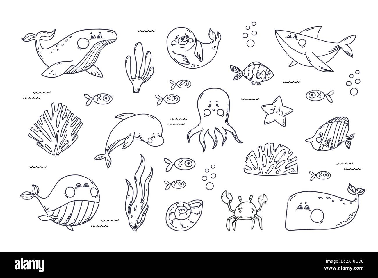 Ocean aquatic animals clipart hand doodle set. Funny Underwater mammals