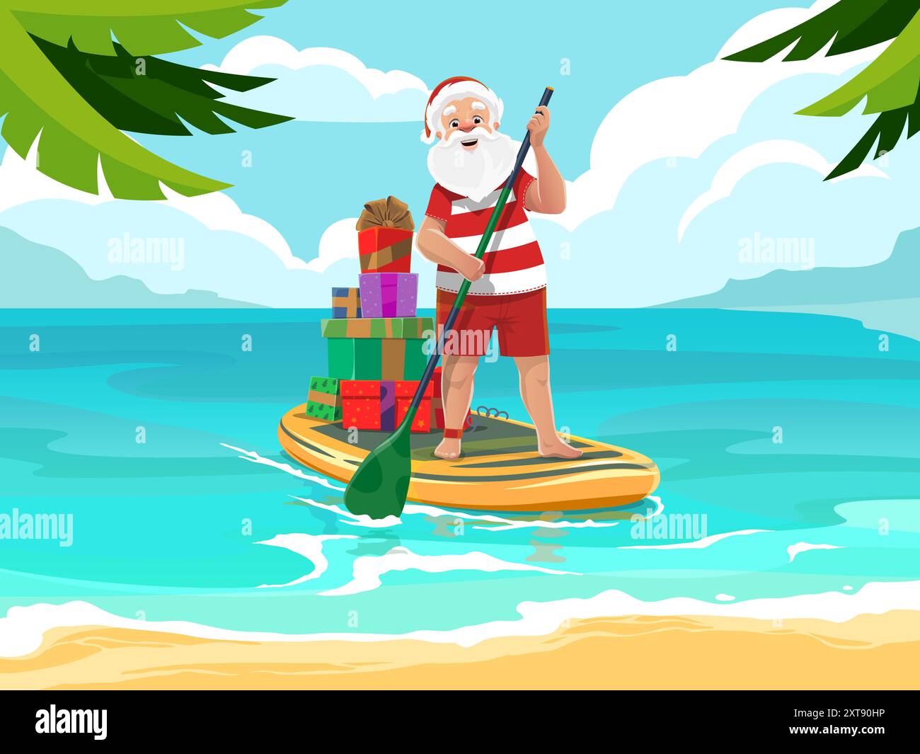 Santa in stripe shirt on SUP paddleboard with Christmas gifts and paddle, vector Xmas holidays, vacation, travel. Cartoon Santa Claus character in retro swimsuit surfing on summer beach with surfboard Stock Vector