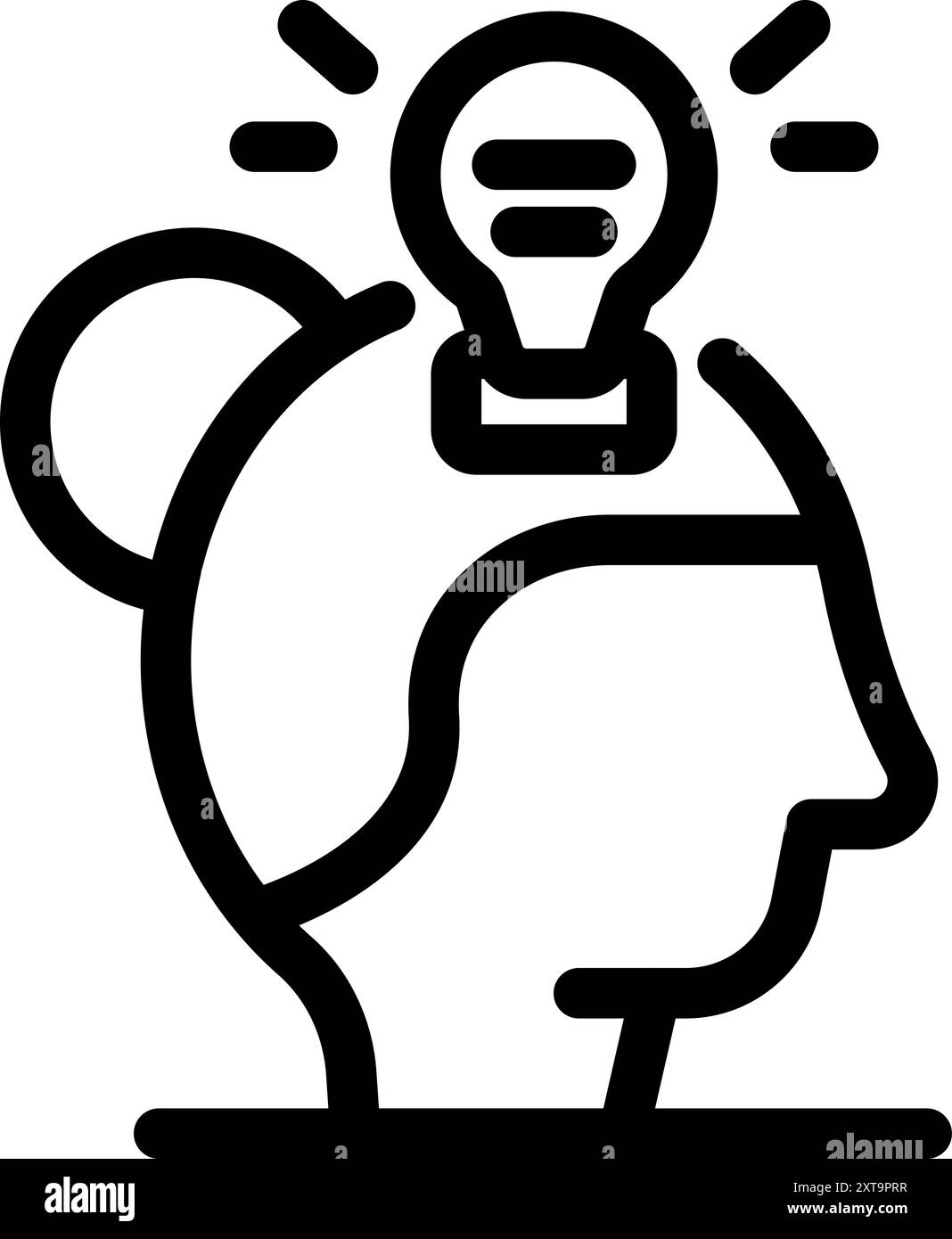 Line icon of a female profile with a lit light bulb above her head ...